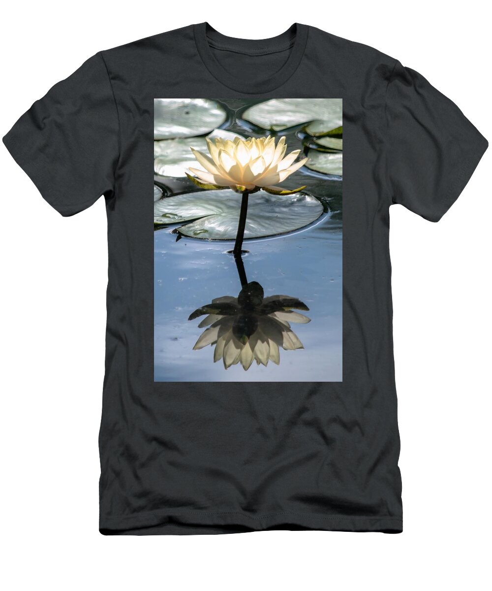 Water Lily T-Shirt featuring the photograph Yellow Reflection at Gibbs Gardens - Vertical by Mary Ann Artz