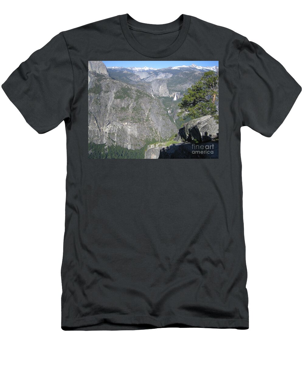 Yosemite T-Shirt featuring the photograph Yosemite National Park Half Dome Twin Waterfalls Snow Capped Mountains John Shiron's Shadow by John Shiron