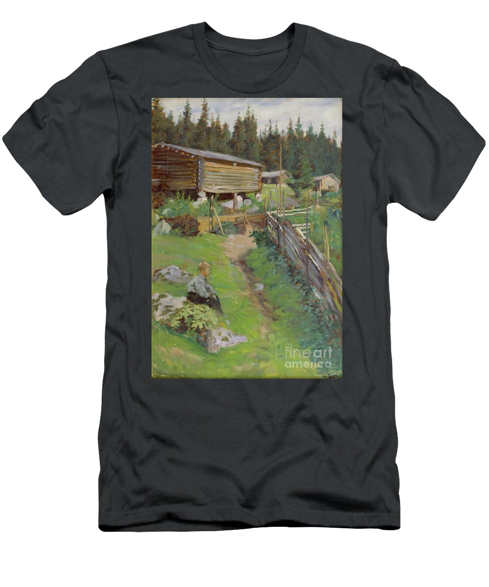 Boy T-Shirt featuring the painting Young Boy At The Summer Pasture by Jacob Bratland