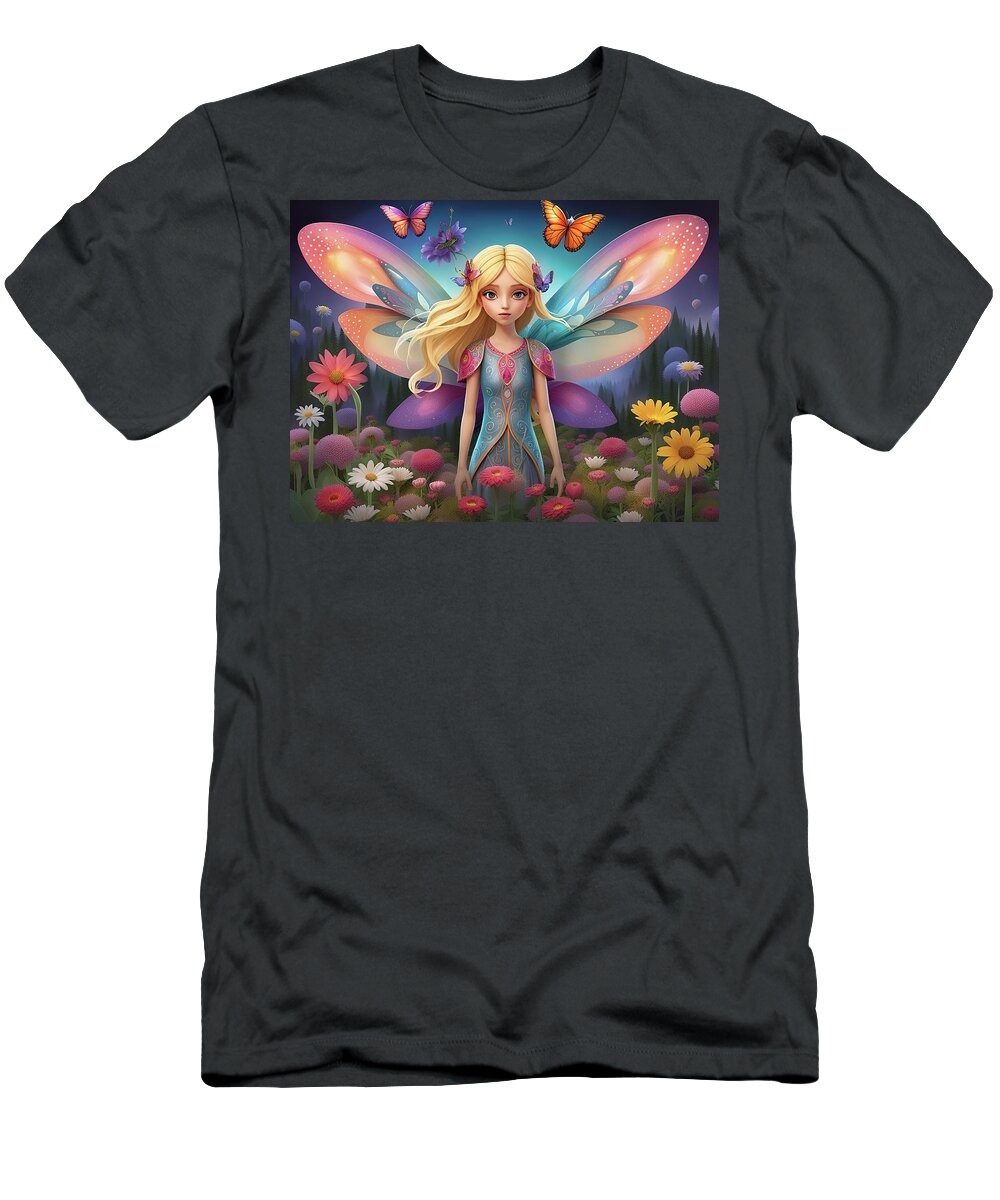 Fairy T-Shirt featuring the digital art A fairy in a field of flowers #2 by Meir Ezrachi