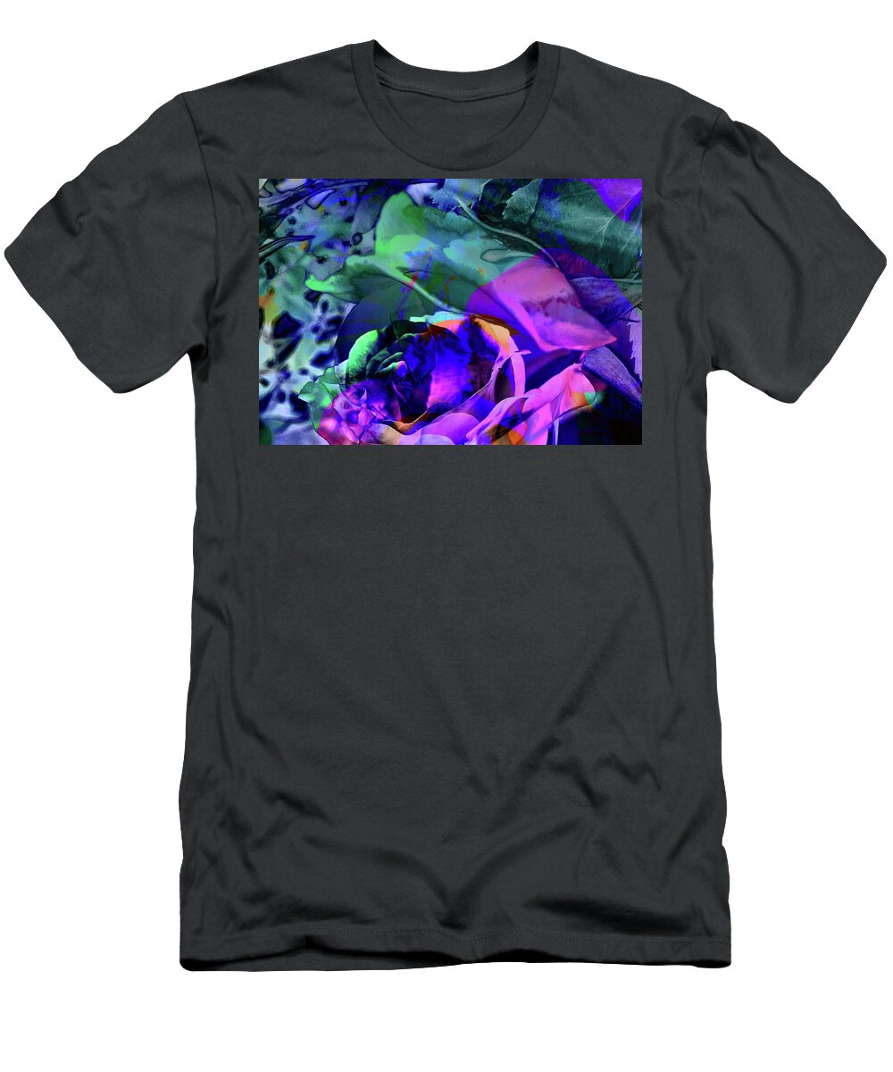 Abstract Roses Purple Green Blue Black Lavender Pink T-Shirt featuring the digital art Abstract Roses #1 by Kathleen Boyles