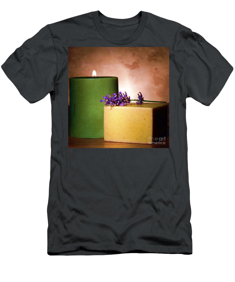 Aromatherapy T-Shirt featuring the photograph Lavender Wisp on Aromatherapy Natural Soap by Olivier Le Queinec