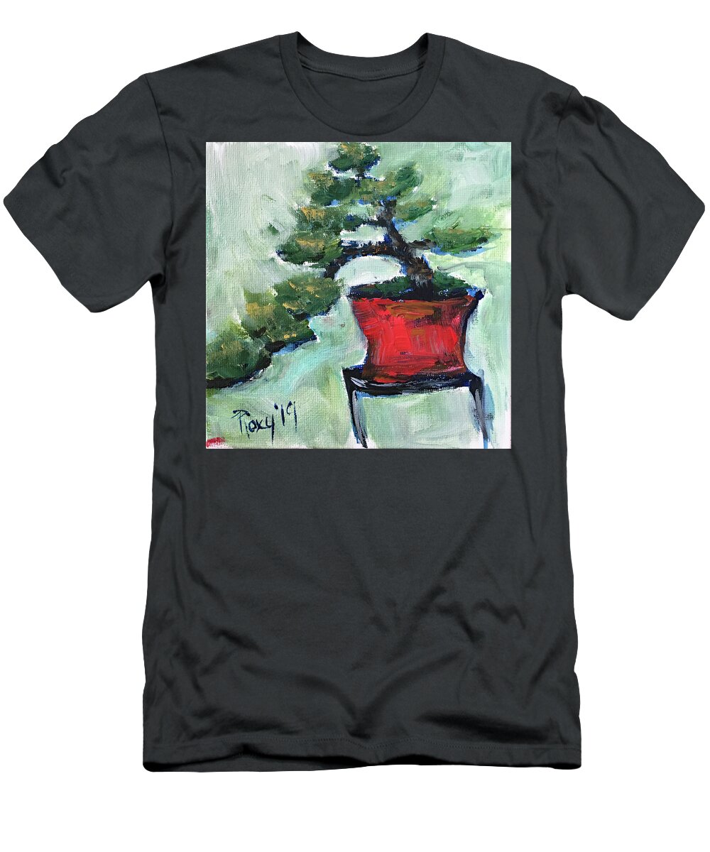 Bonsai T-Shirt featuring the painting Bonsai in a Red Pot by Roxy Rich