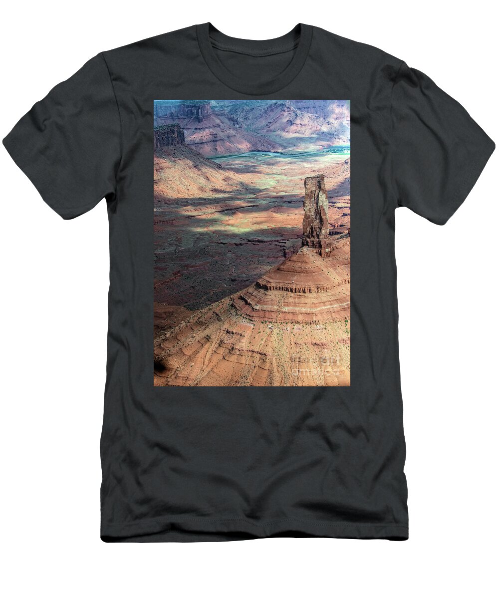 Castleton Tower T-Shirt featuring the photograph Castleton Tower in Castle Valley Utah Aerial by David Oppenheimer