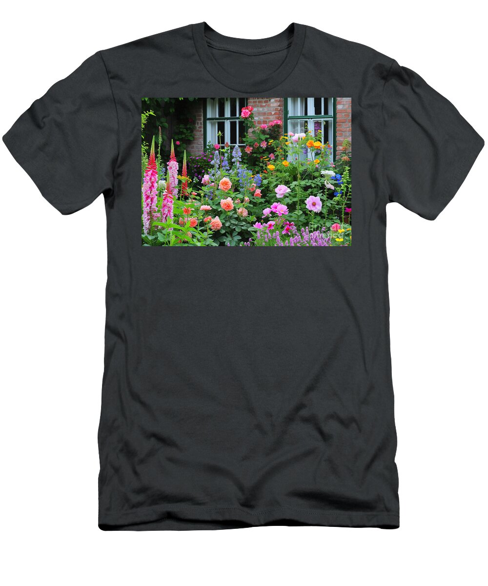 Landscapes T-Shirt featuring the painting Charming English Cottage Garden A riot of color and fragrance in an English cottage garden, with roses, peonies, and hollyhocks in full bloom #1 by Eldre Delvie