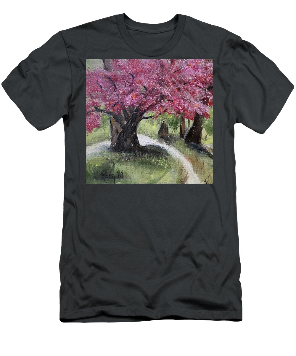 Cherry Blossoms T-Shirt featuring the painting Cherry Blossoms in the Park #1 by Roxy Rich