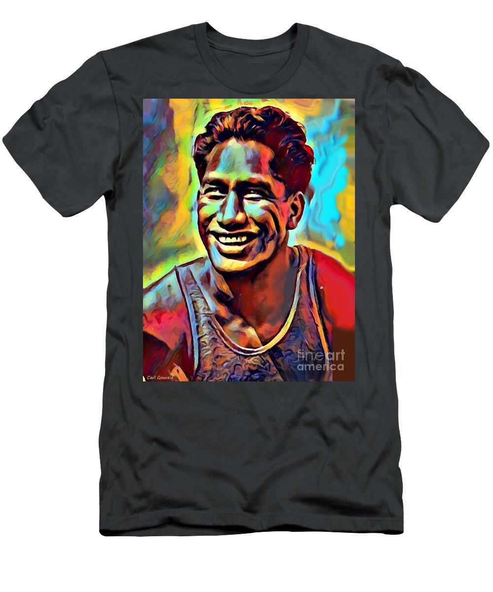 Duke Kahanamoku T-Shirt featuring the mixed media Duke Kahanamoku #1 by Carl Gouveia
