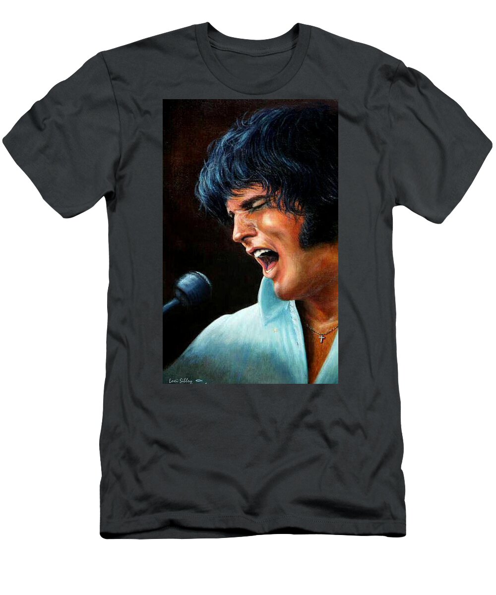 Elvis T-Shirt featuring the painting Elvis in Concert #2 by Loxi Sibley