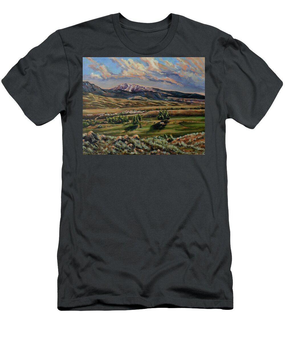 Western Landscape T-Shirt featuring the painting Gardiner and Electric Peak From Scotty's Place by Les Herman