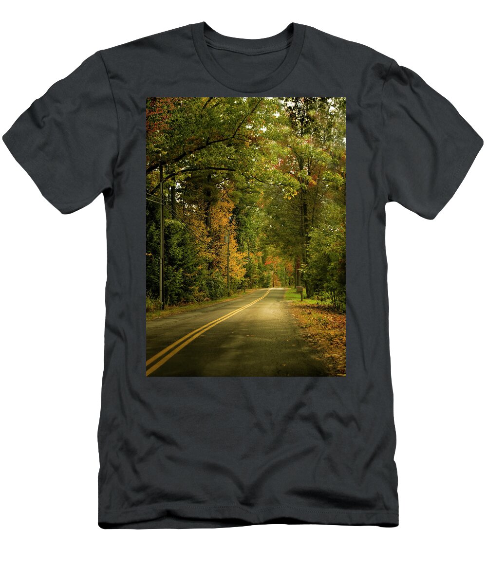 New England T-Shirt featuring the photograph Granby, Massachusetts road in autumn #1 by Cordia Murphy