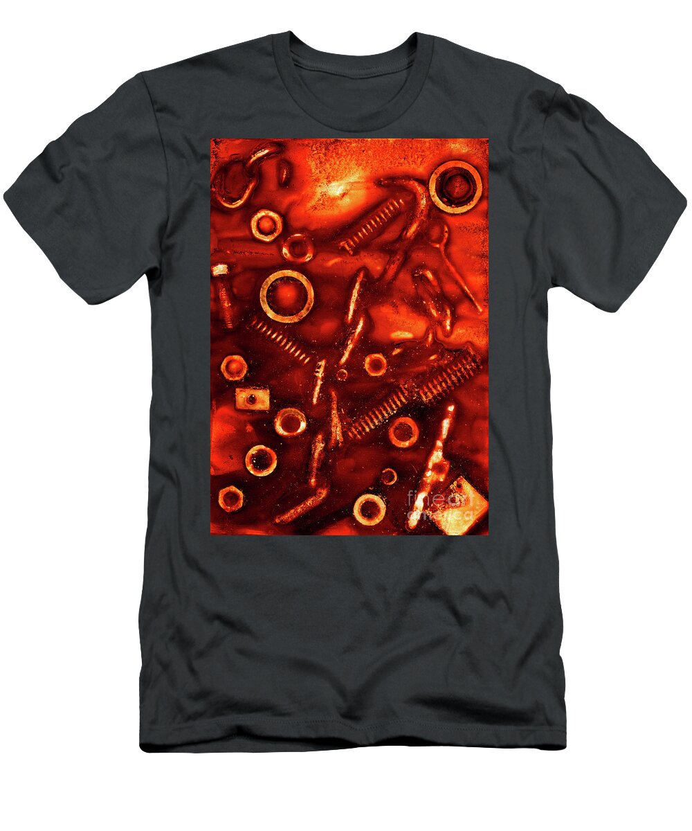 Rust T-Shirt featuring the mixed media Imprint of rusty bolts, nuts, springs and other items #1 by Michal Boubin