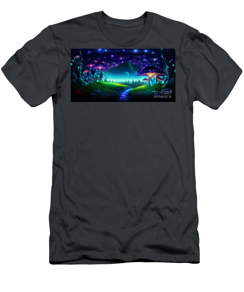 Fireflies T-Shirt featuring the digital art Magical fairy tale landscape with many shining mushrooms and glow of fireflies. #1 by Odon Czintos