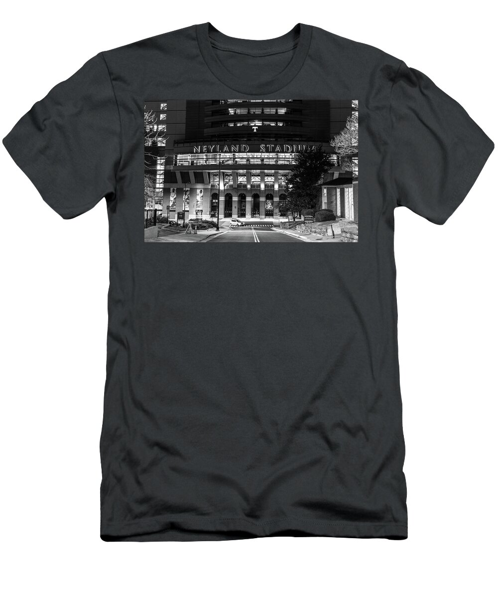 University Of Tennessee At Night T-Shirt featuring the photograph Neyland Stadium at the University of Tennessee at night in black and white #1 by Eldon McGraw