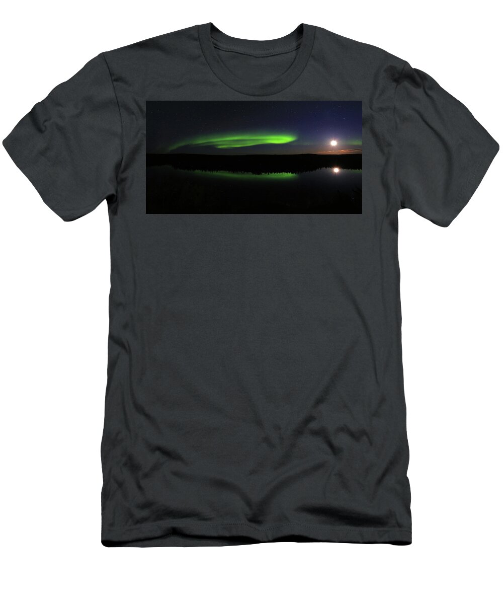 Northern Lights T-Shirt featuring the photograph Northern Lights Dancing with the Moon #1 by Shixing Wen