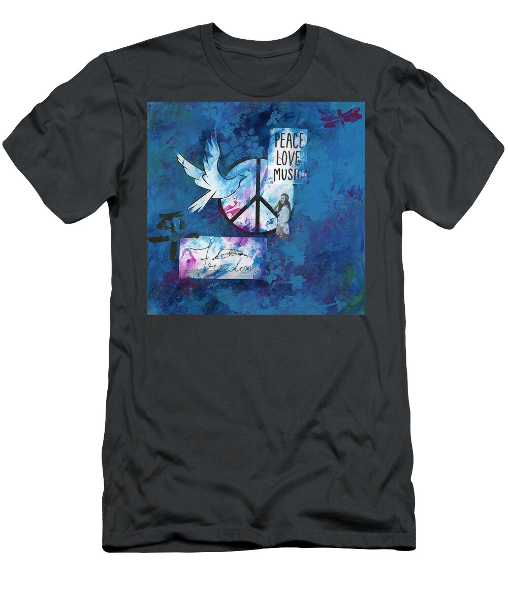 Shopify T-Shirt featuring the mixed media Peace Love Music - Blue by Jamie Hoffman