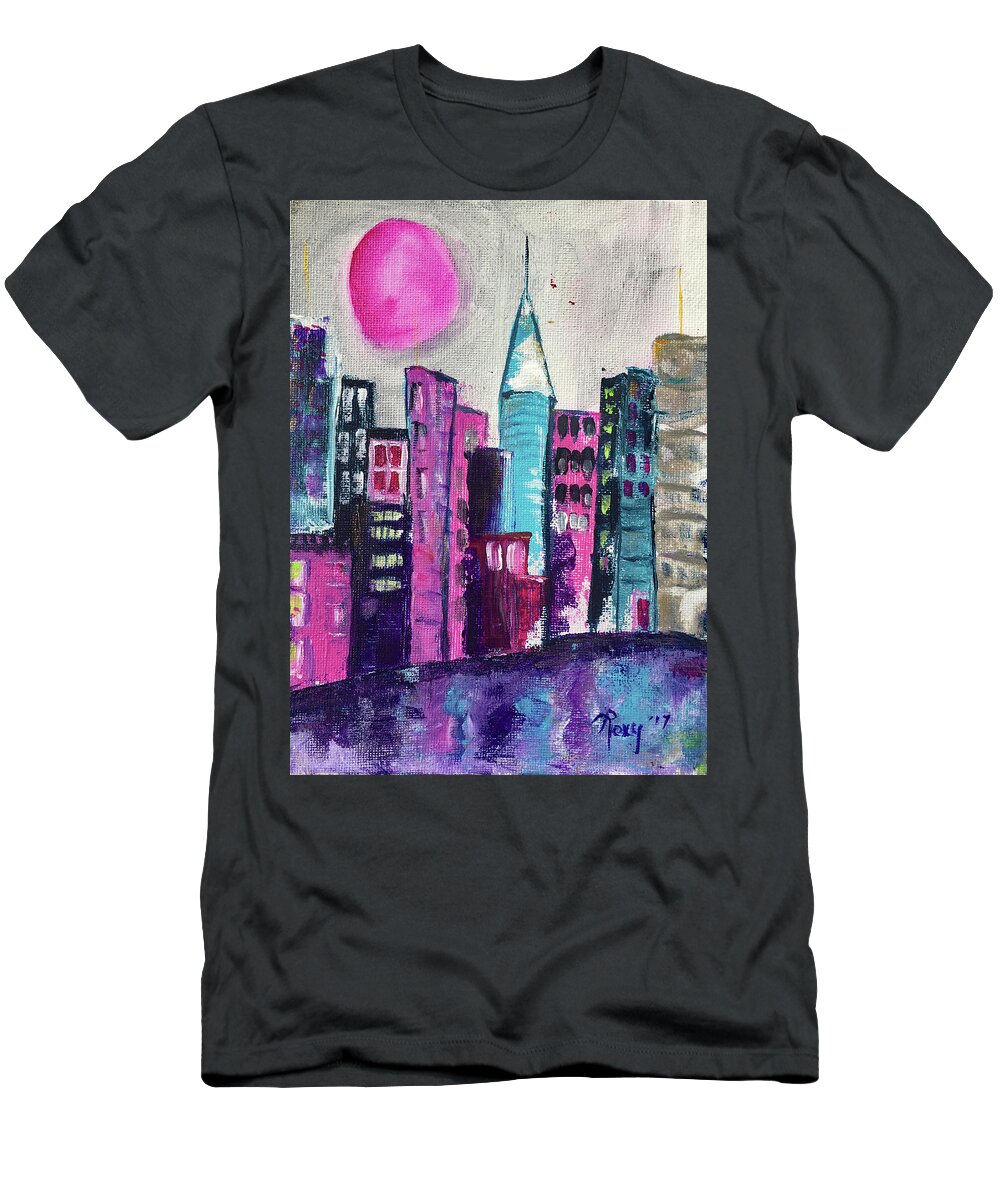 City T-Shirt featuring the painting Pink Moon City by Roxy Rich