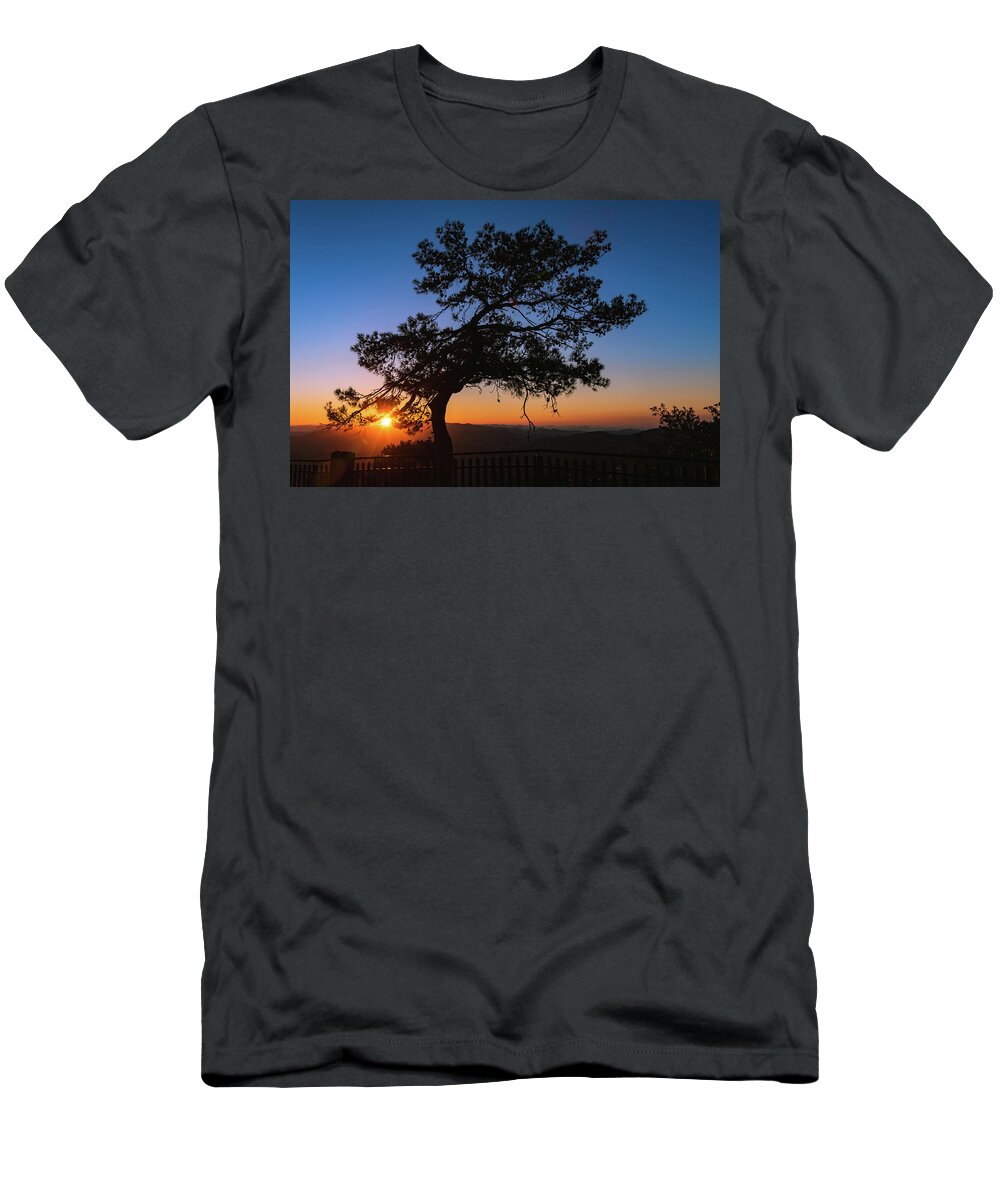Cyprus T-Shirt featuring the photograph Silhouette of a forest pine tree during blue hour with bright sun at sunset. by Michalakis Ppalis