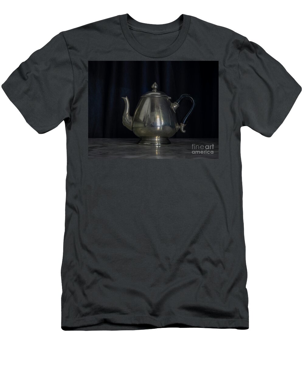 Past T-Shirt featuring the photograph Silver and Brass Teapots Black Background Marble Table by Pablo Avanzini