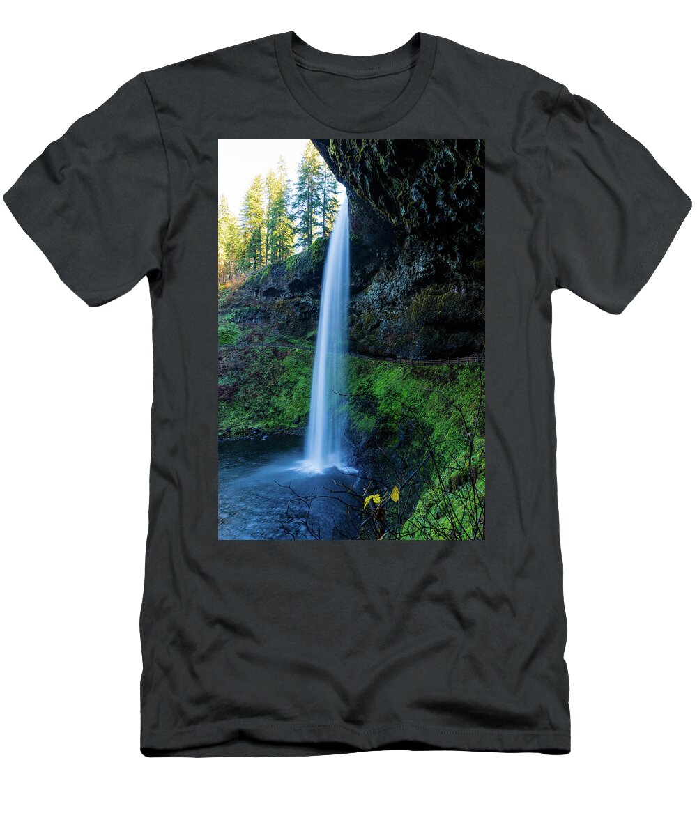 Silver Falls State Park; South Falls; South; Falls; Outdoor; Hike; Waterfall; Oregon; Winter; Sunset; River; Green; Tree; Star Sun; Beautiful; Silk; Silky; T-Shirt featuring the digital art South Falls in Winter #1 by Michael Lee