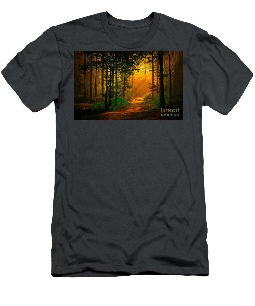 Sunrise In The Forest T-Shirt featuring the digital art Sunrise In The Forest #1 by Jerzy Czyz