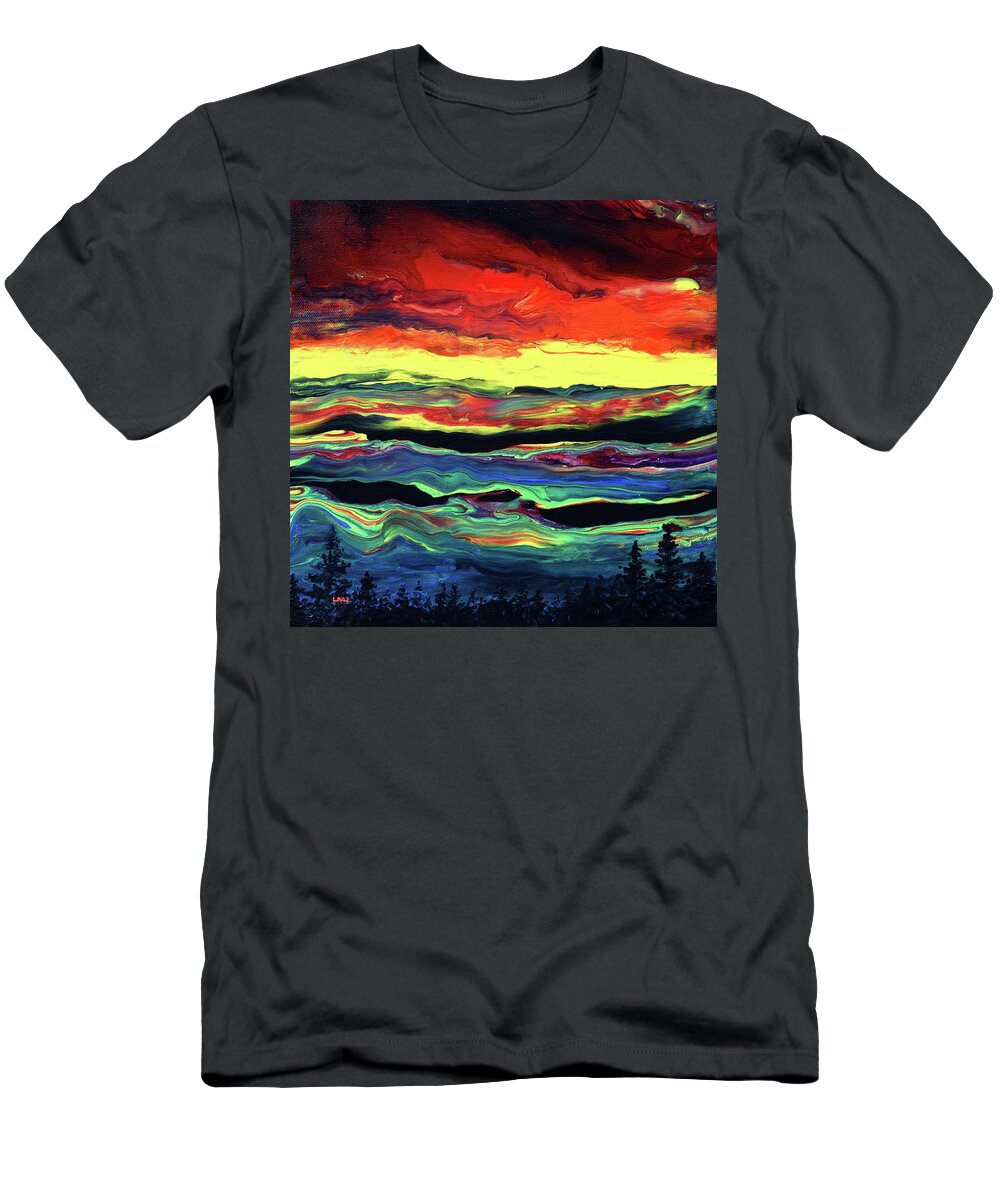 Pine Trees T-Shirt featuring the painting Sunset Over the Mountains Abstract by Laura Iverson