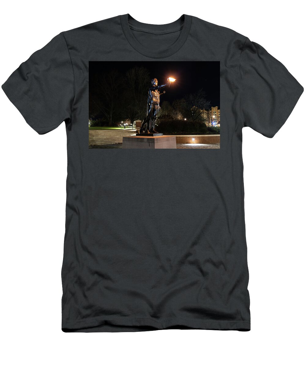 University Of Tennessee At Night T-Shirt featuring the photograph Torchbearer statue at the University of Tennessee at night by Eldon McGraw