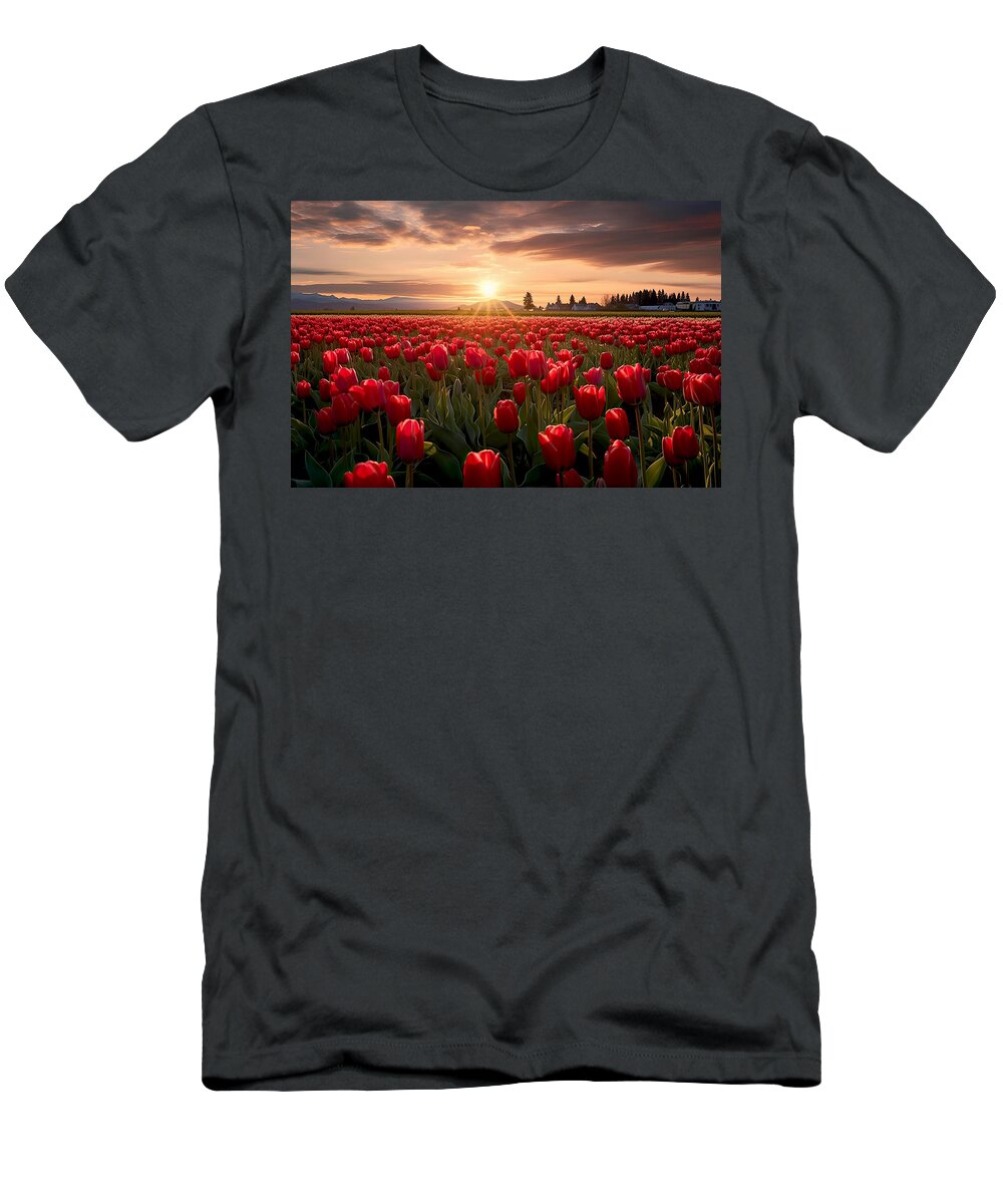 Digital Artwork T-Shirt featuring the digital art Tulips Field at Sunset III #1 by Lily Malor