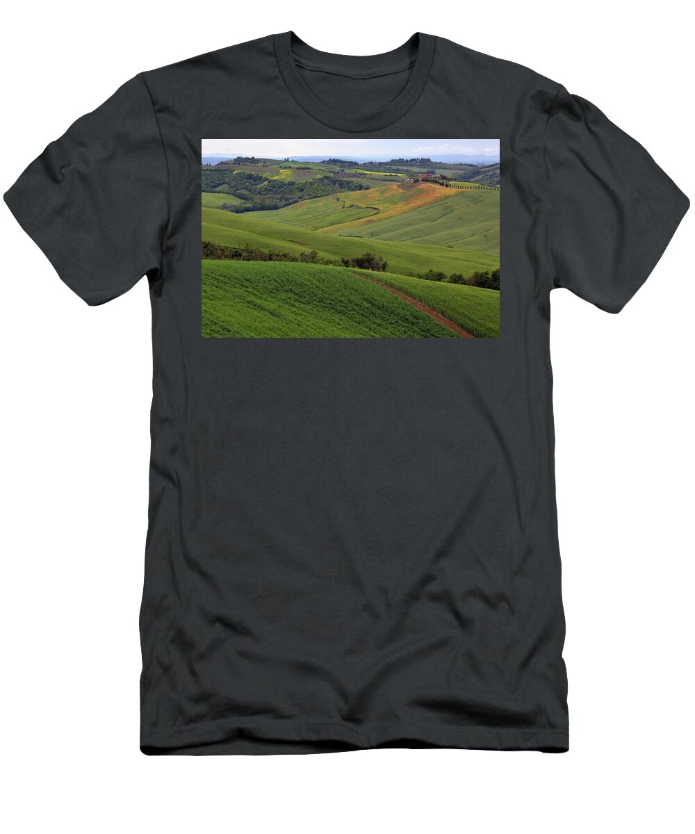 Field T-Shirt featuring the photograph Tuscany farmland hill fields in Italy #1 by Mikhail Kokhanchikov
