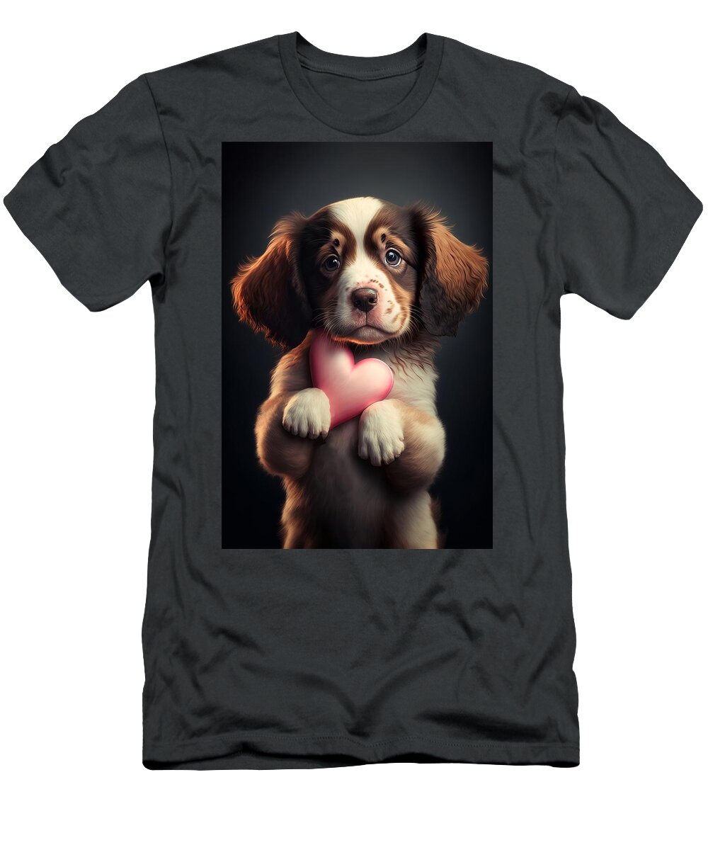 Puppy With Heart T-Shirt featuring the mixed media Valentine Puppy 1 #1 by Lilia S