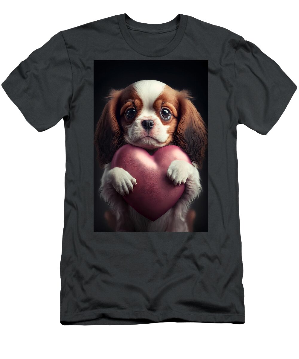 Puppy With Heart T-Shirt featuring the mixed media Valentine Puppy #1 by Lilia S