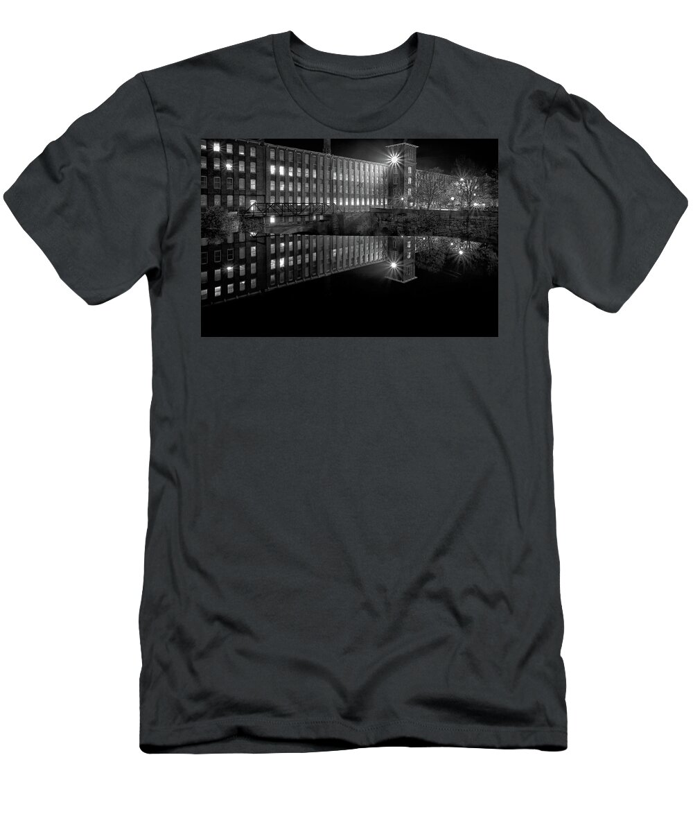 Architecture T-Shirt featuring the photograph Waterfall At The Cocheco Mill At Night #2 by Jeff Sinon