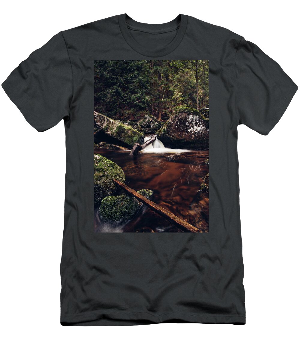 Jizera Mountains T-Shirt featuring the photograph Waterfall on the river Jedlova in Czech wilderness by Vaclav Sonnek