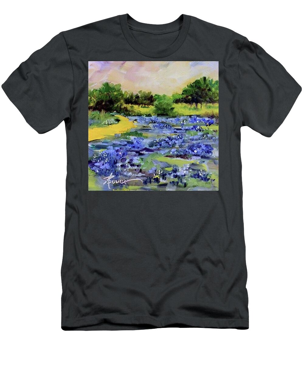 Bluebonnets T-Shirt featuring the painting Where The Beautiful Bluebonnets Grow by Adele Bower
