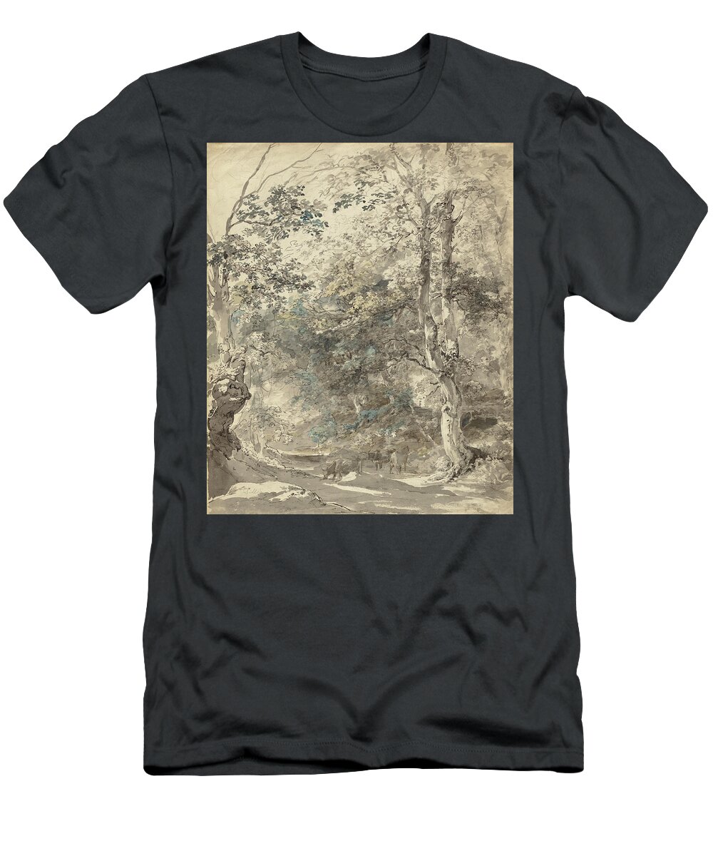 Johann Georg Von Dillis T-Shirt featuring the drawing Wooded Landscape with Cows #1 by Johann Georg von Dillis