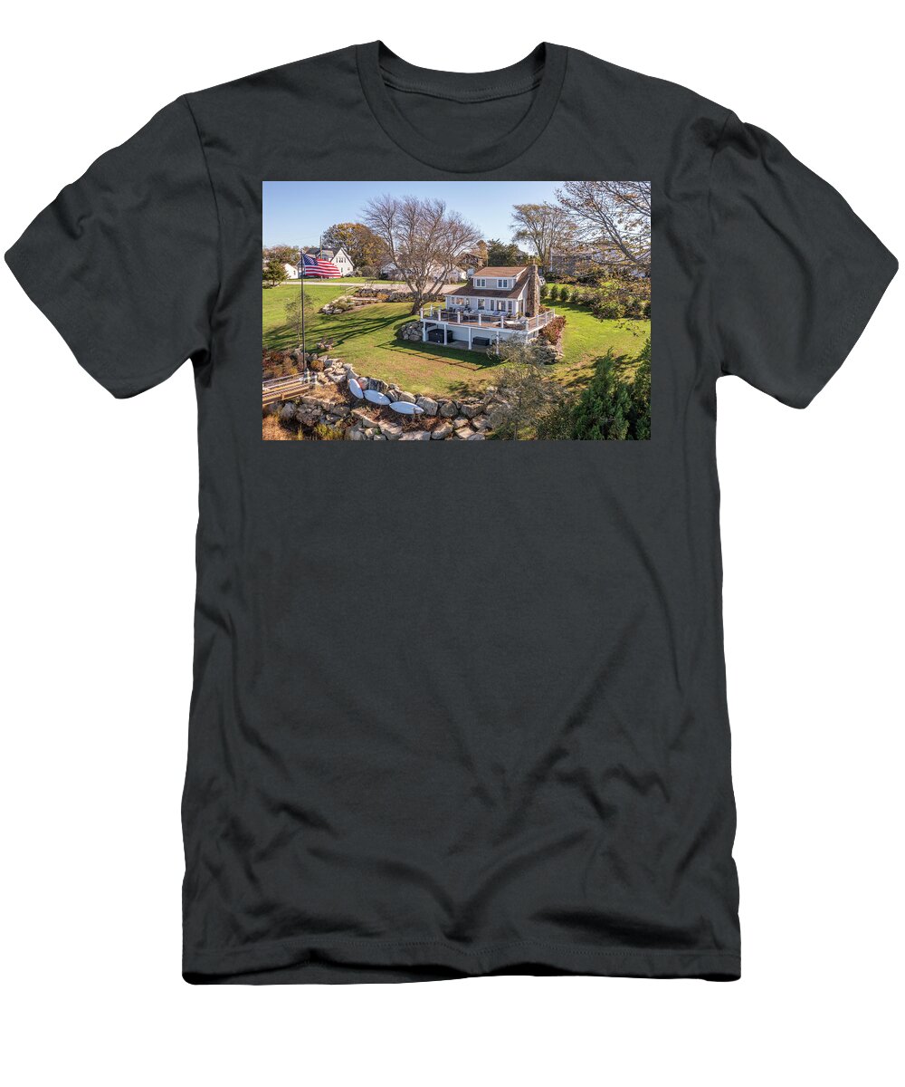 Narragansett T-Shirt featuring the photograph 10 Sea Crest Drive Yard View by Veterans Aerial Media LLC