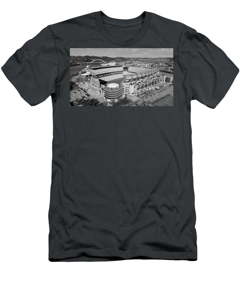 Pittsburgh Steelers T-Shirt featuring the photograph Pittsburgh Steelers Heinz Field in Pittsburgh Pennsylvania in black and white #11 by Eldon McGraw