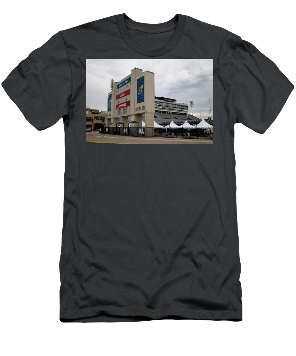 Kansas Jayhawks T-Shirt featuring the photograph Home of the Kansas Jayhawks sign at University of Kansas by Eldon McGraw