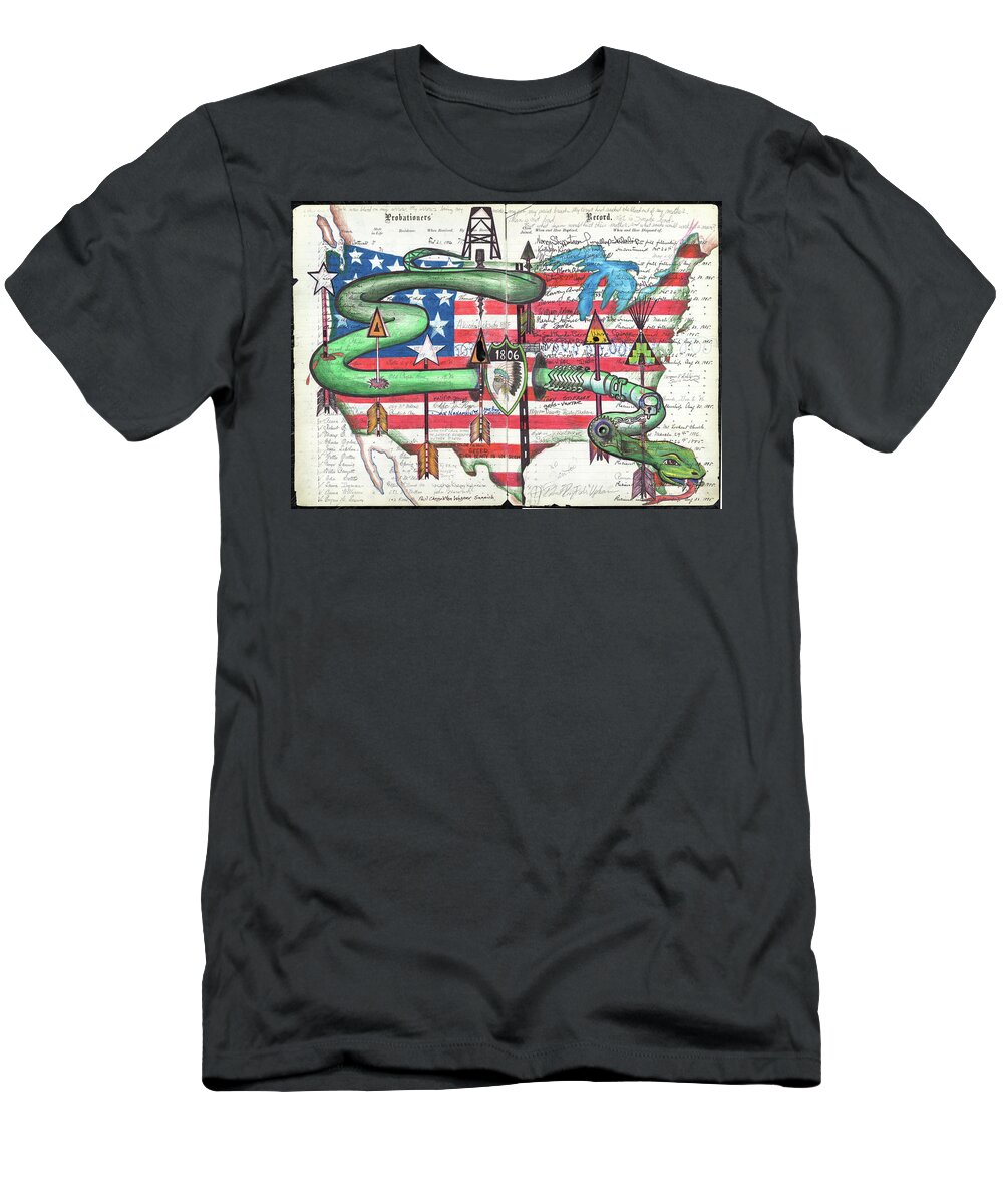 No Dapl T-Shirt featuring the drawing 1806 Green Snake Ledger by Robert Running Fisher Upham
