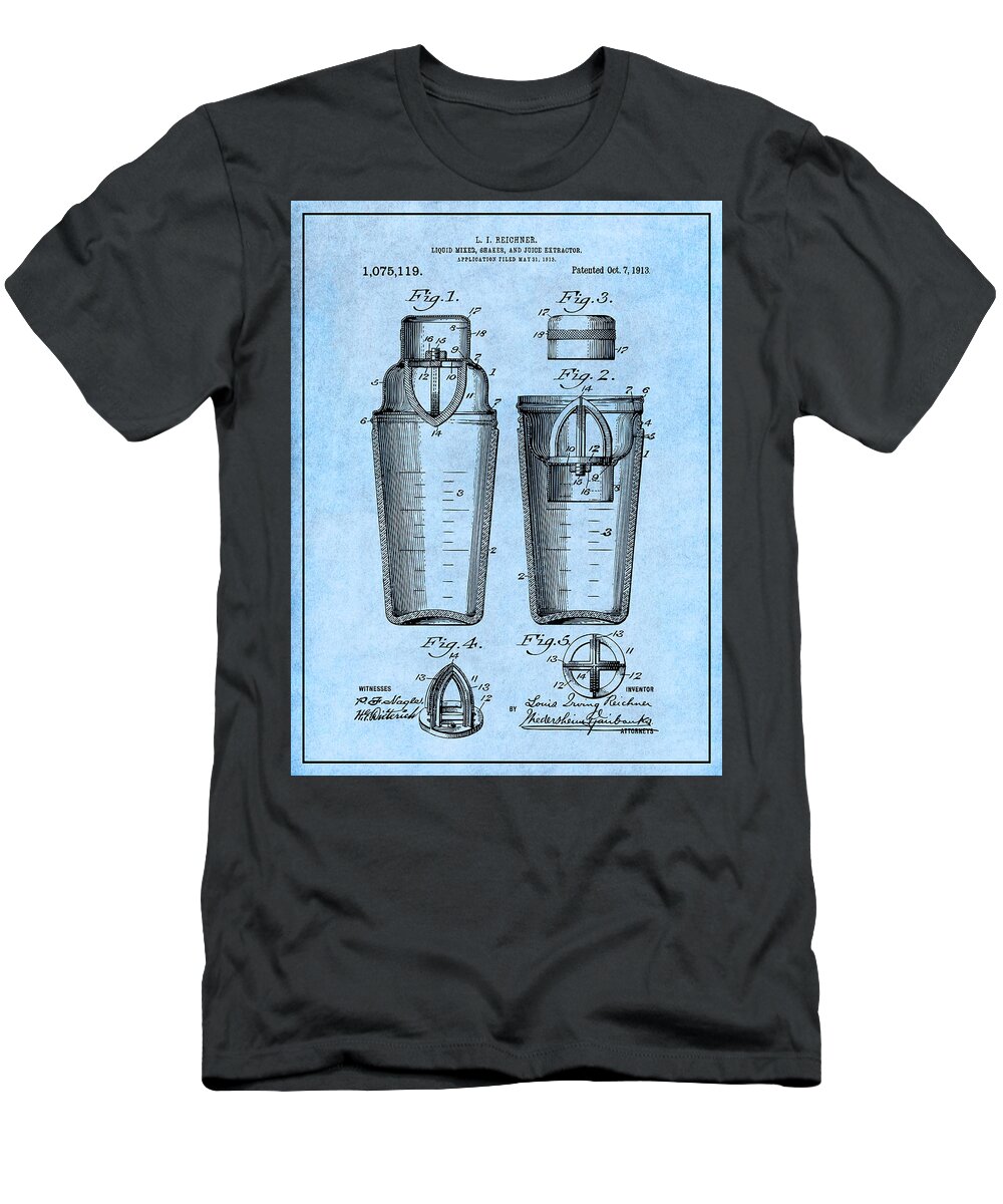 1913 Cocktail Patent Print T-Shirt featuring the drawing 1913 Cocktail Shaker Light Blue Patent Print by Greg Edwards