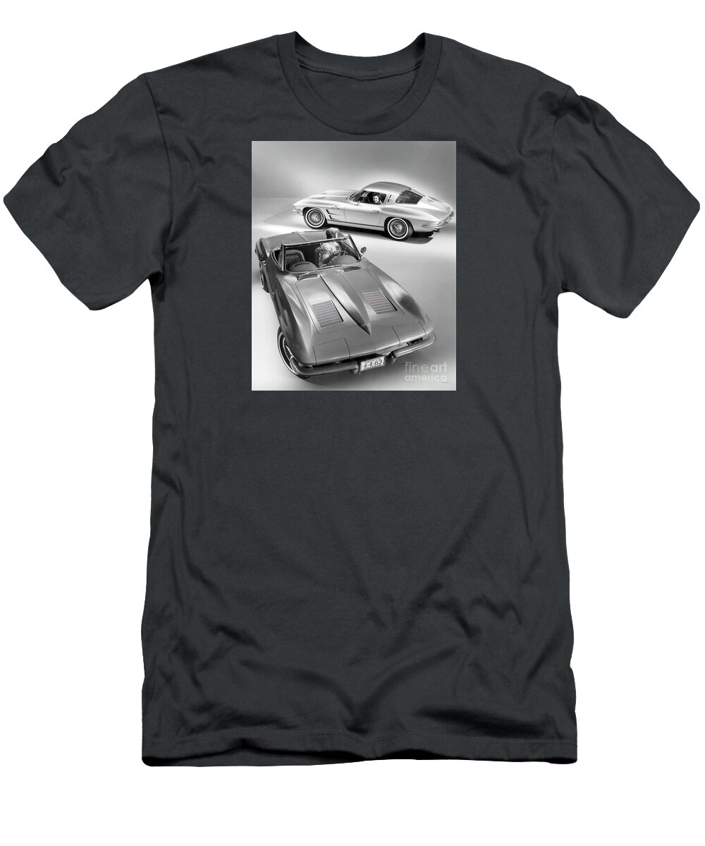 1960s T-Shirt featuring the photograph 1963 Advertisement for Corvette Roadster and Split Window coupe by Retrographs