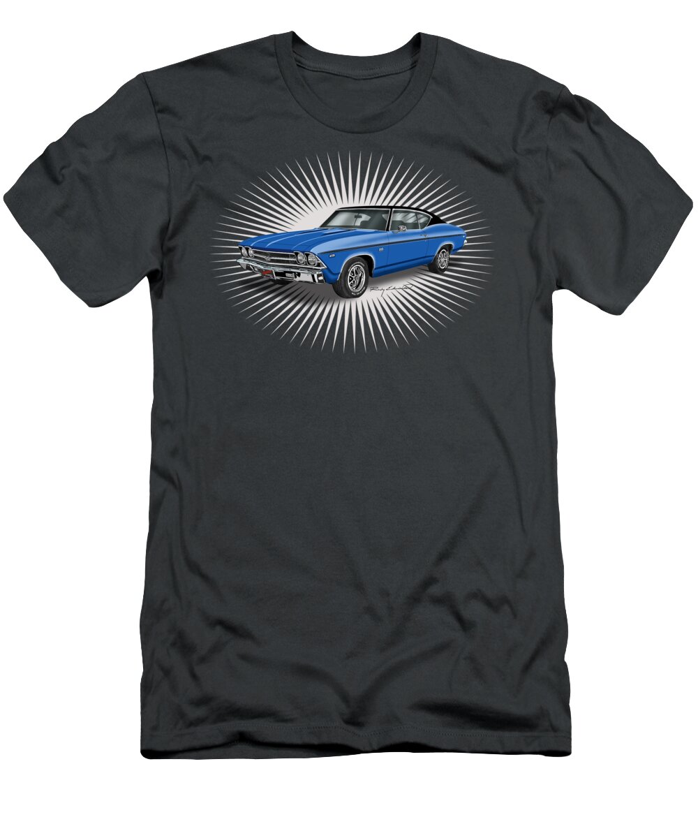 1969 Chevelle Ss 396 Dark Blue Muscle Car Art T-Shirt featuring the drawing 1969 Chevelle SS 396 Dark Blue Muscle Car Art by Alison Edwards