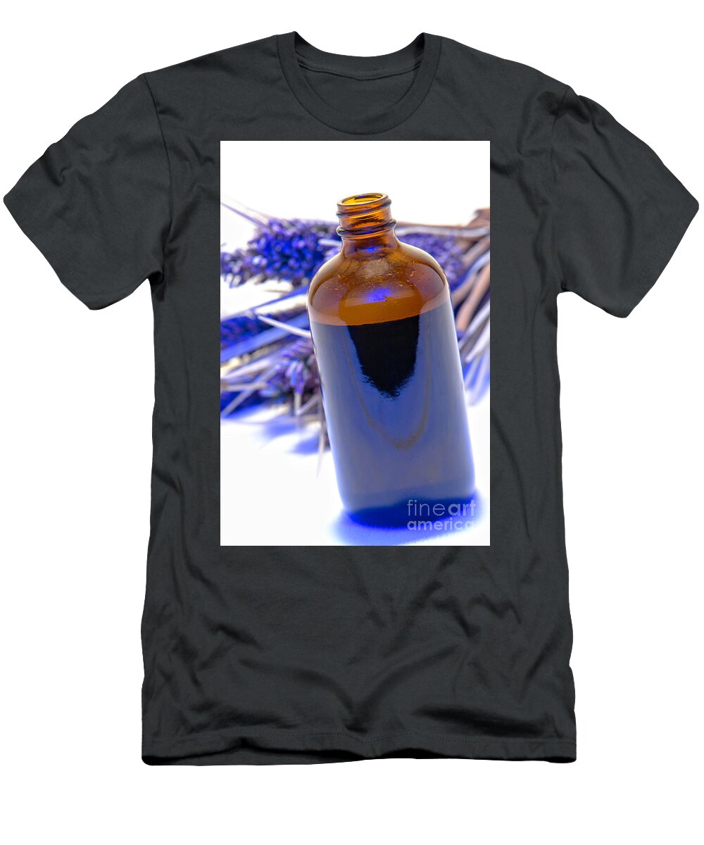 Aromatherapy T-Shirt featuring the photograph Aromatherapy Bottle with Blue Flower Background by Olivier Le Queinec