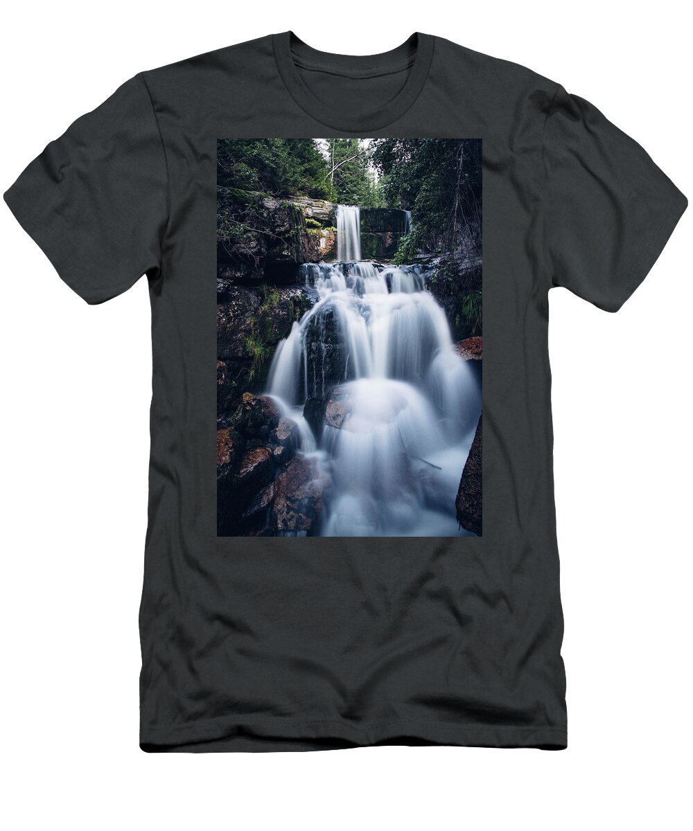 Jizera Mountains T-Shirt featuring the photograph Cascade of two large waterfalls on the small river Jedlova by Vaclav Sonnek