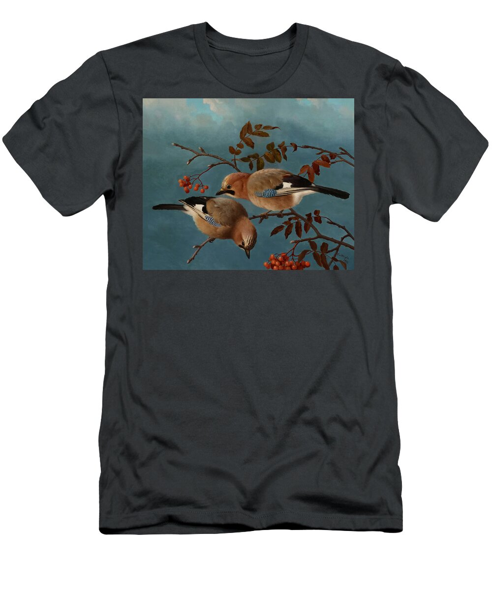 Birds T-Shirt featuring the painting Jays by Ferdinand von Wright by Mango Art