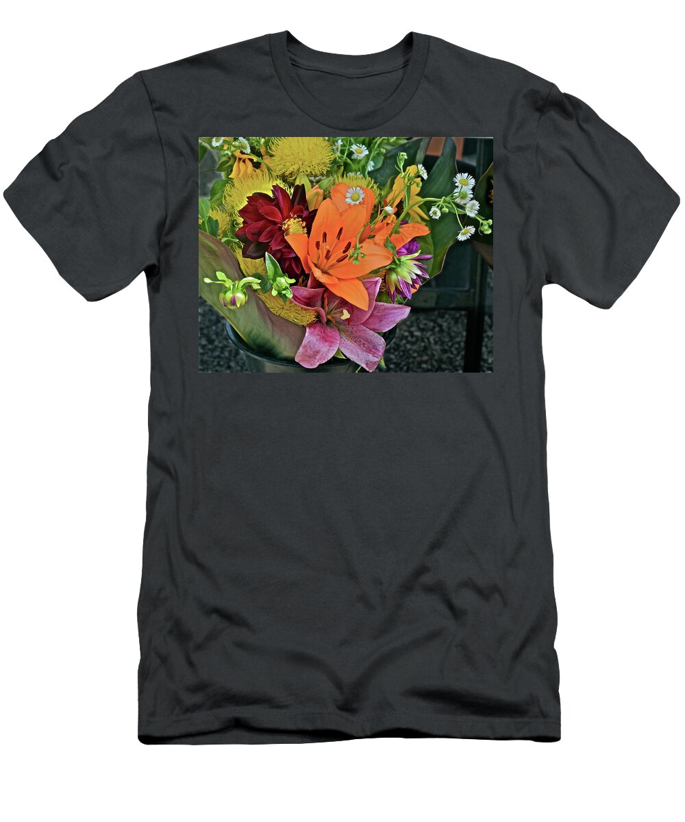 Lilies:flowers;farmers' Market: T-Shirt featuring the photograph 2019 Monona Farmers' Market July Bouquet 2 by Janis Senungetuk