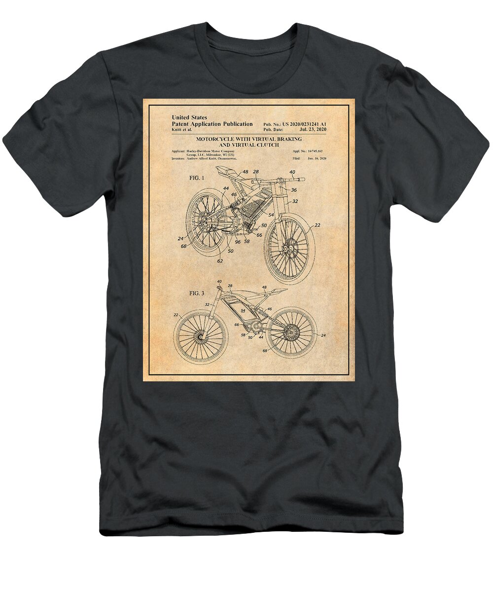 2020 Harley Davidson Electric Motorcycle Patent Print Antique Paper T-Shirt featuring the drawing 2020 Harley Davidson Electric Motorcycle Patent Print Antique Paper by Greg Edwards