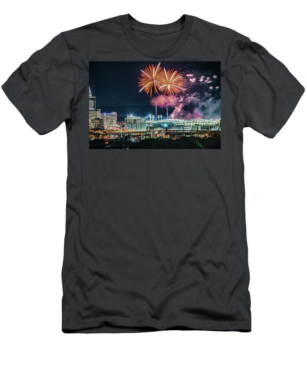 Cincinnati T-Shirt featuring the photograph 2021 WEBN Fireworks Cincinnati Ohio Skyline Photo by Dave Morgan
