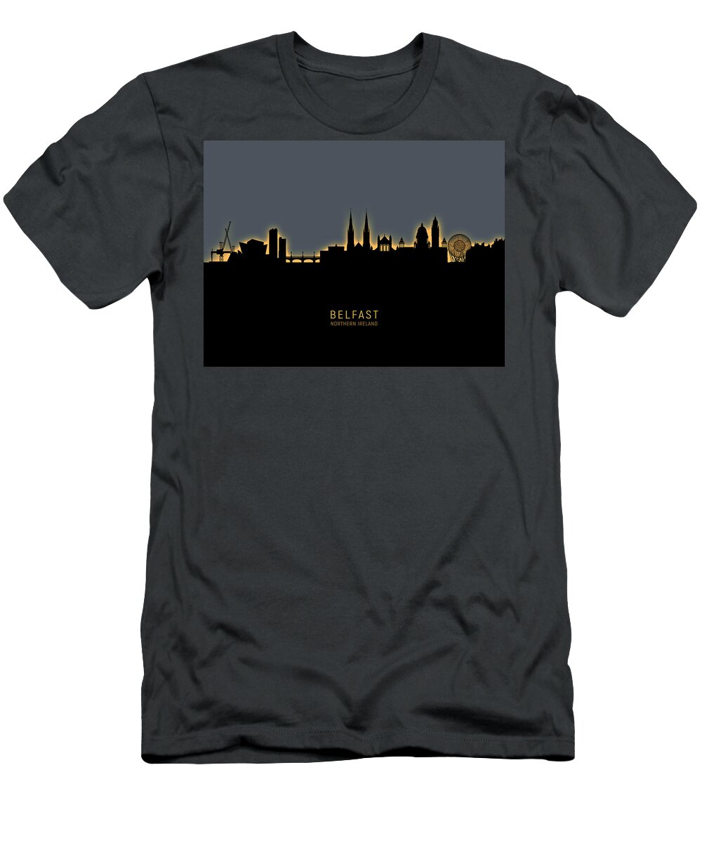 Belfast T-Shirt featuring the digital art Belfast Northern Ireland Skyline #24 by Michael Tompsett