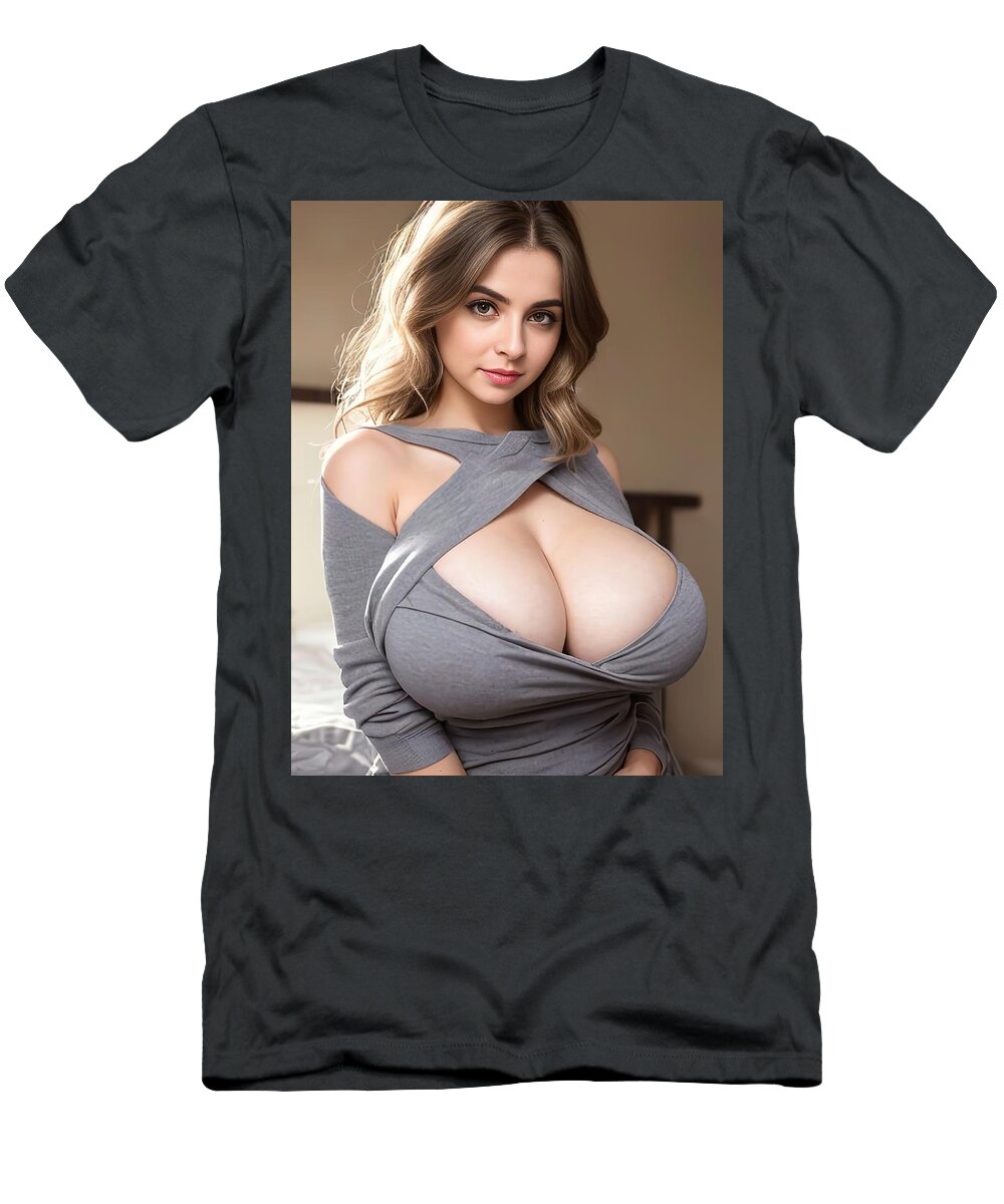 Sexy woman with big boobs #25 T-Shirt by Realistic Space - Fine