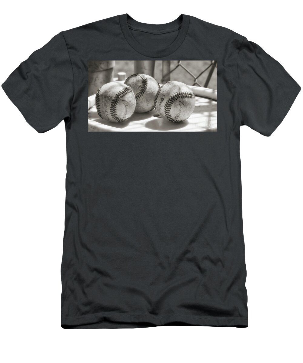 Three Baseballs T-Shirt featuring the photograph 3 Baseballs on a Bucket in Sepia by Leah McPhail